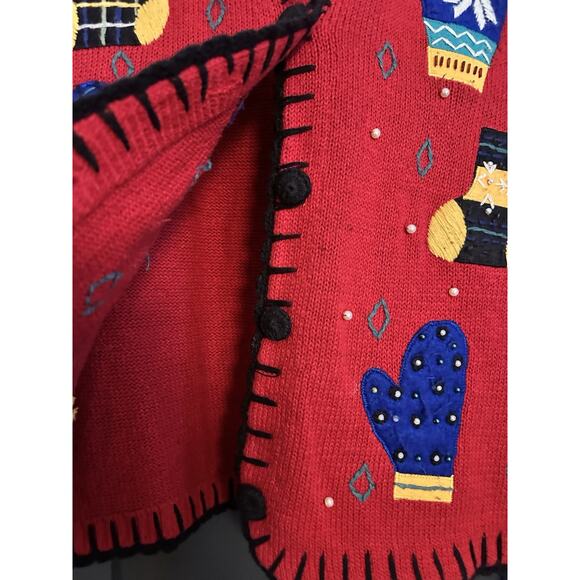 Studio Works Women’s Size Large Christmas Vest/sweater - Knit Mittens & Stocking - Picture 4 of 8